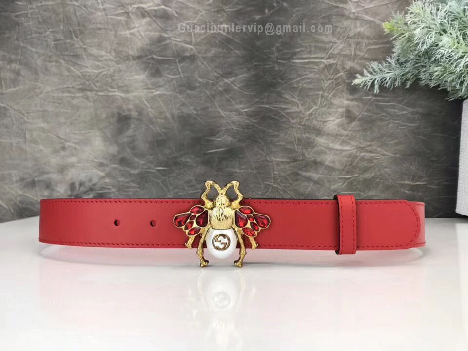 Gucci Leather Belt With Bee Red 30mm
